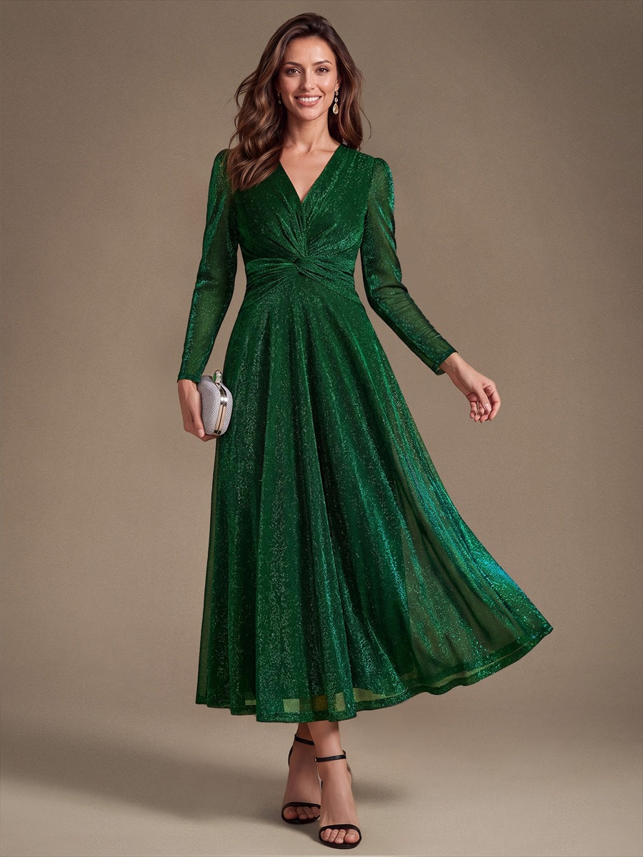 Robe longueur th¨¦ ¨¤ manches longues col crois¨¦ tr¨¨s extensible avec fermeture ¨¦clair au dos et d¨¦tail de n?ud #Couleur_Vert Fonce