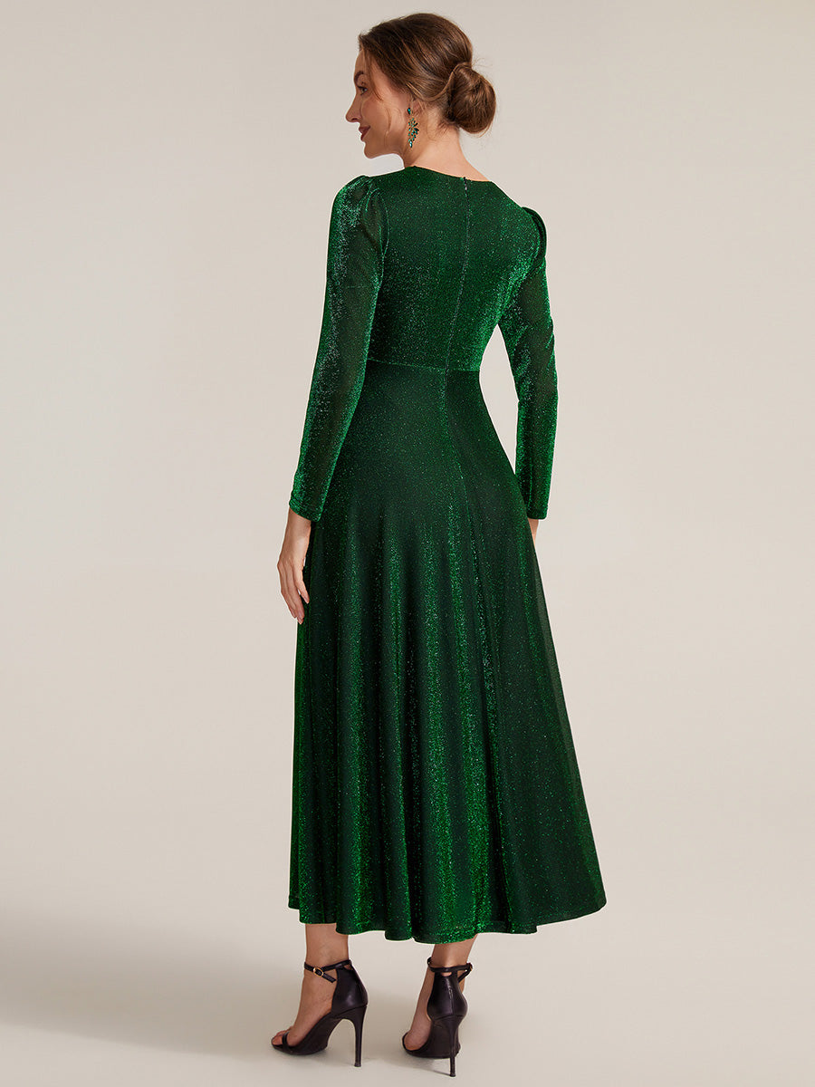 Robe longueur th¨¦ ¨¤ manches longues col crois¨¦ tr¨¨s extensible avec fermeture ¨¦clair au dos et d¨¦tail de n?ud #Couleur_Vert Fonce