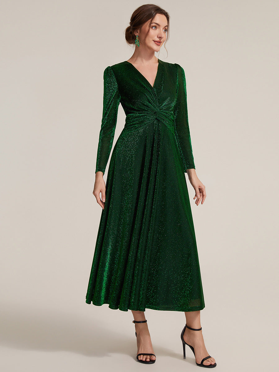 Robe longueur th¨¦ ¨¤ manches longues col crois¨¦ tr¨¨s extensible avec fermeture ¨¦clair au dos et d¨¦tail de n?ud #Couleur_Vert Fonce