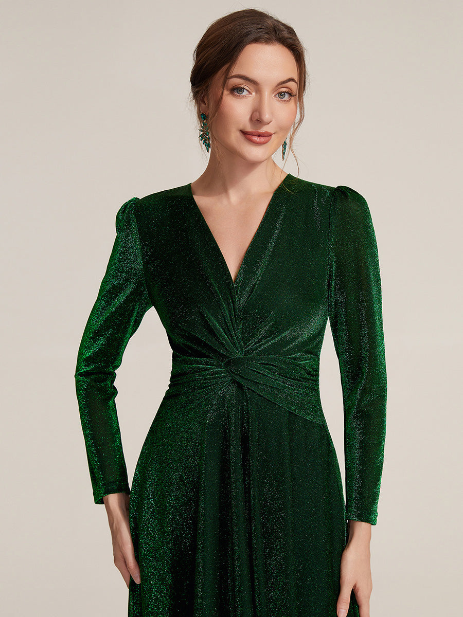 Robe longueur th¨¦ ¨¤ manches longues col crois¨¦ tr¨¨s extensible avec fermeture ¨¦clair au dos et d¨¦tail de n?ud #Couleur_Vert Fonce