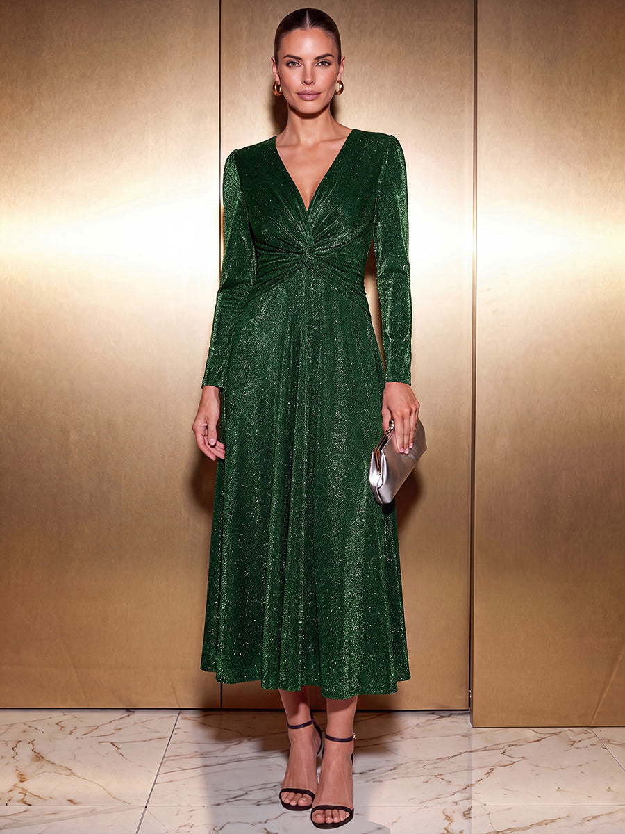Robe longueur th¨¦ ¨¤ manches longues col crois¨¦ tr¨¨s extensible avec fermeture ¨¦clair au dos et d¨¦tail de n?ud #Couleur_Vert Fonce