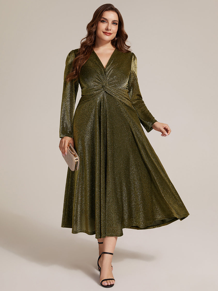 Robe longueur th¨¦ ¨¤ manches longues col crois¨¦ tr¨¨s extensible avec fermeture ¨¦clair au dos et d¨¦tail de n?ud #Couleur_Or métallique