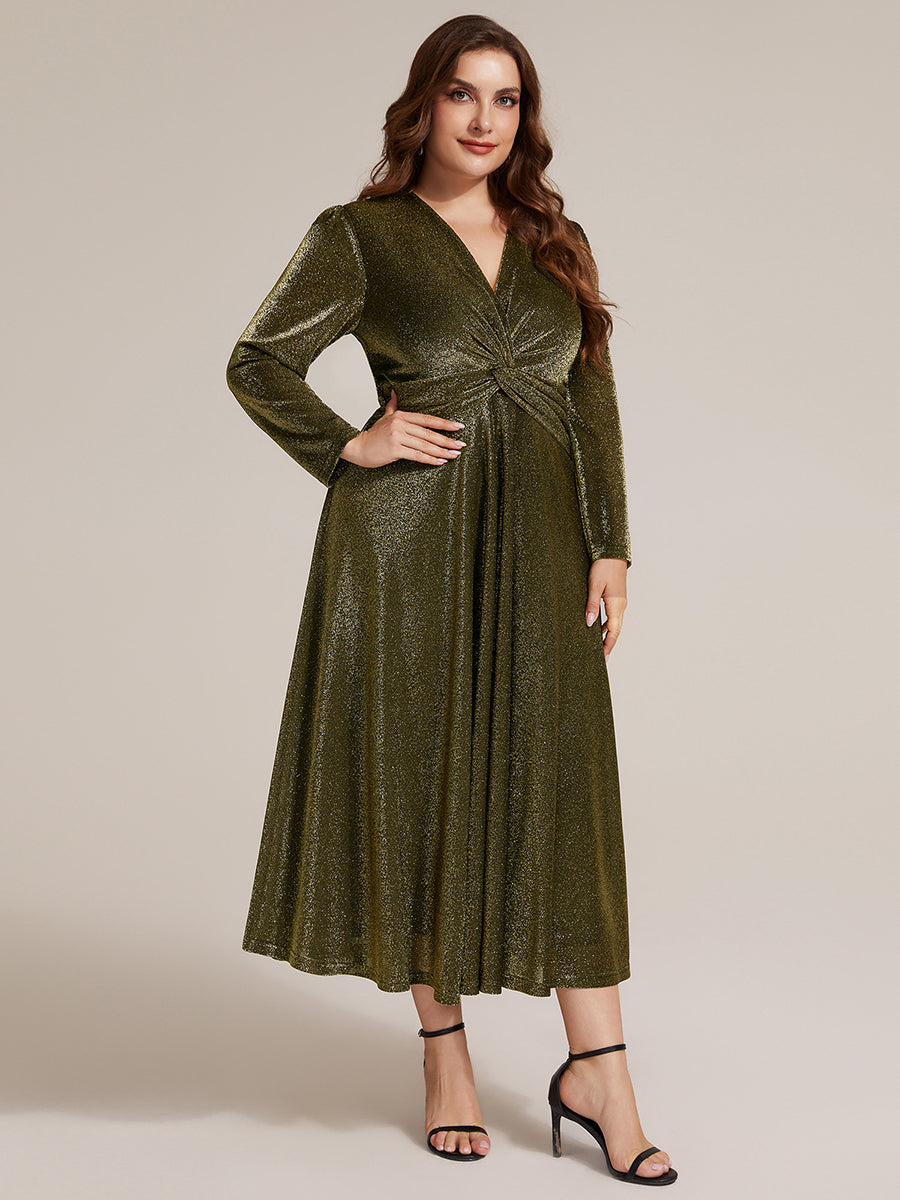 Robe longueur th¨¦ ¨¤ manches longues col crois¨¦ tr¨¨s extensible avec fermeture ¨¦clair au dos et d¨¦tail de n?ud #Couleur_Or métallique