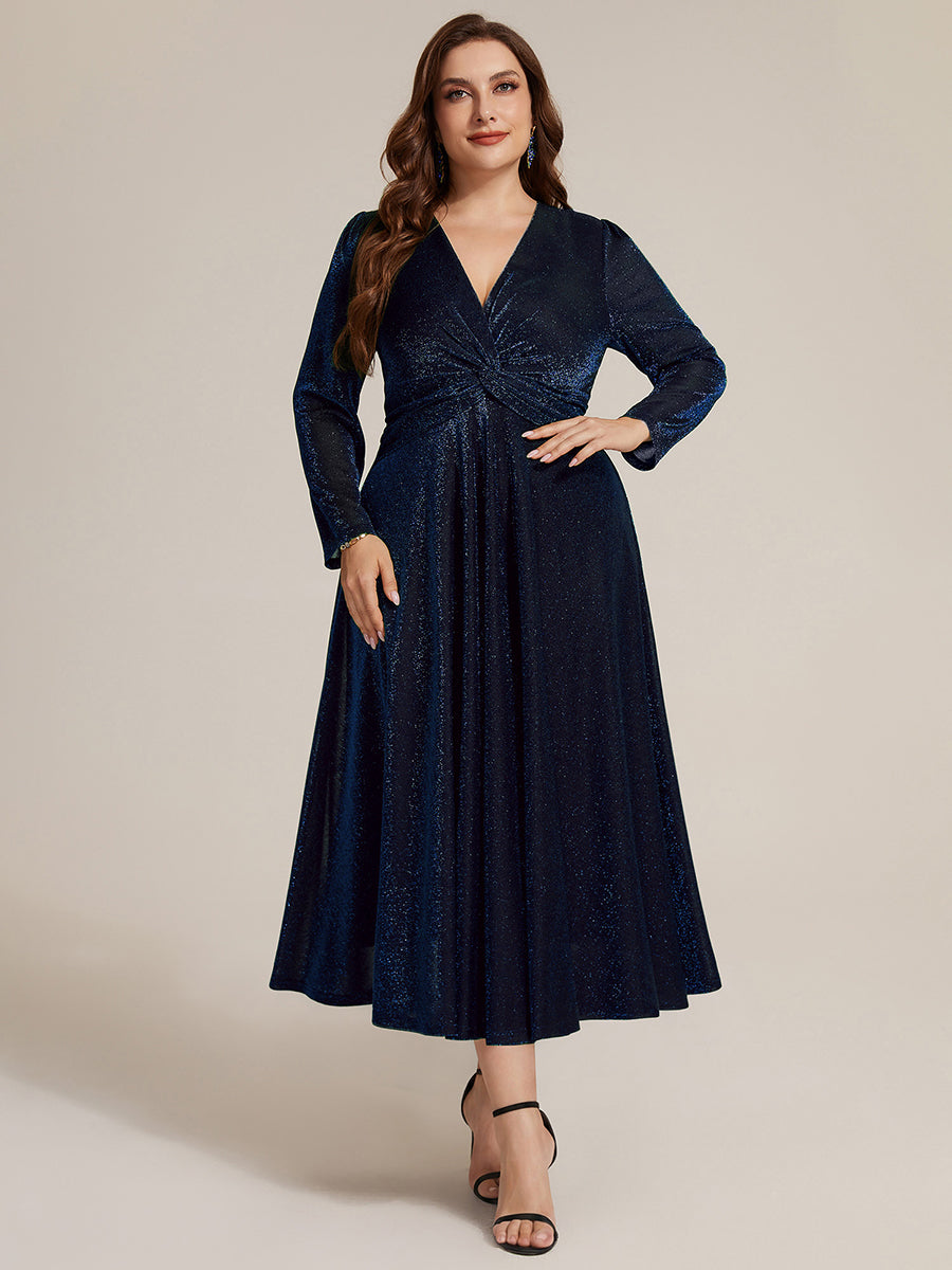 Robe longueur th¨¦ ¨¤ manches longues col crois¨¦ tr¨¨s extensible avec fermeture ¨¦clair au dos et d¨¦tail de n?ud #Couleur_Bleu Marine