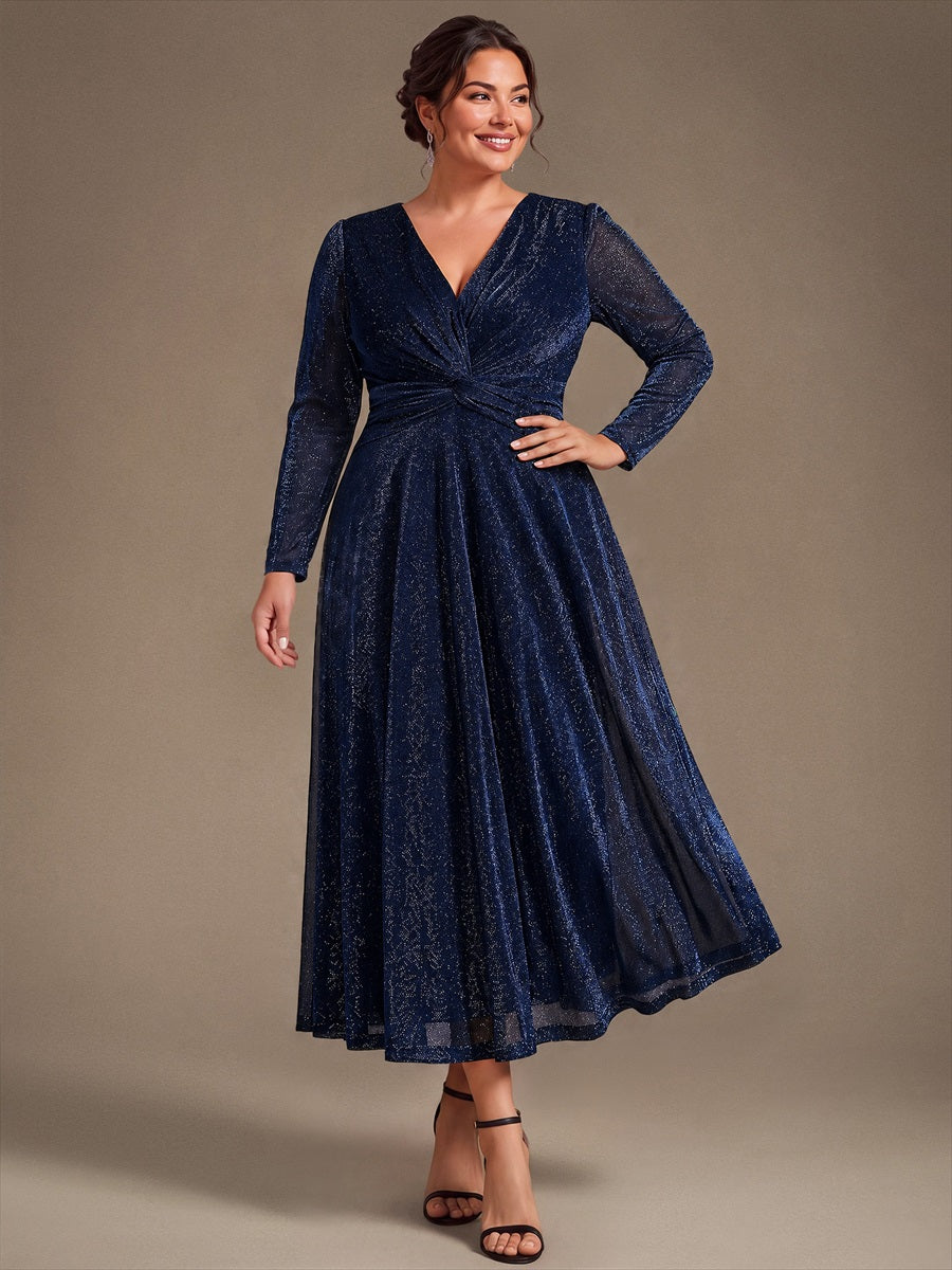 Robe longueur th¨¦ ¨¤ manches longues col crois¨¦ tr¨¨s extensible avec fermeture ¨¦clair au dos et d¨¦tail de n?ud #Couleur_Bleu Marine