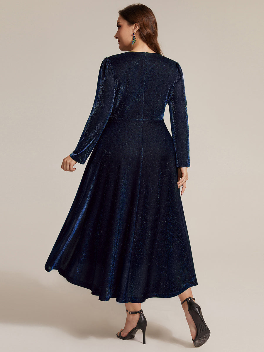Robe longueur th¨¦ ¨¤ manches longues col crois¨¦ tr¨¨s extensible avec fermeture ¨¦clair au dos et d¨¦tail de n?ud #Couleur_Bleu Marine