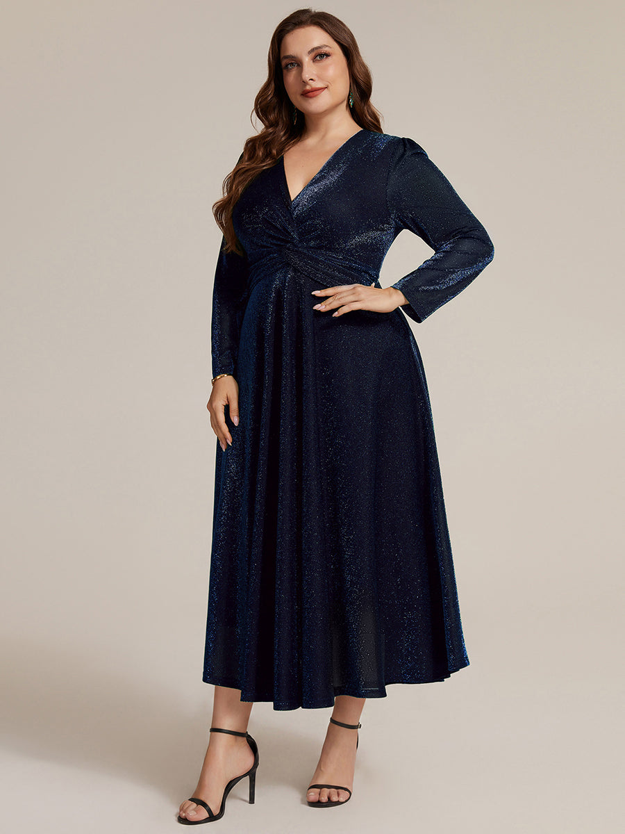 Robe longueur th¨¦ ¨¤ manches longues col crois¨¦ tr¨¨s extensible avec fermeture ¨¦clair au dos et d¨¦tail de n?ud #Couleur_Bleu Marine