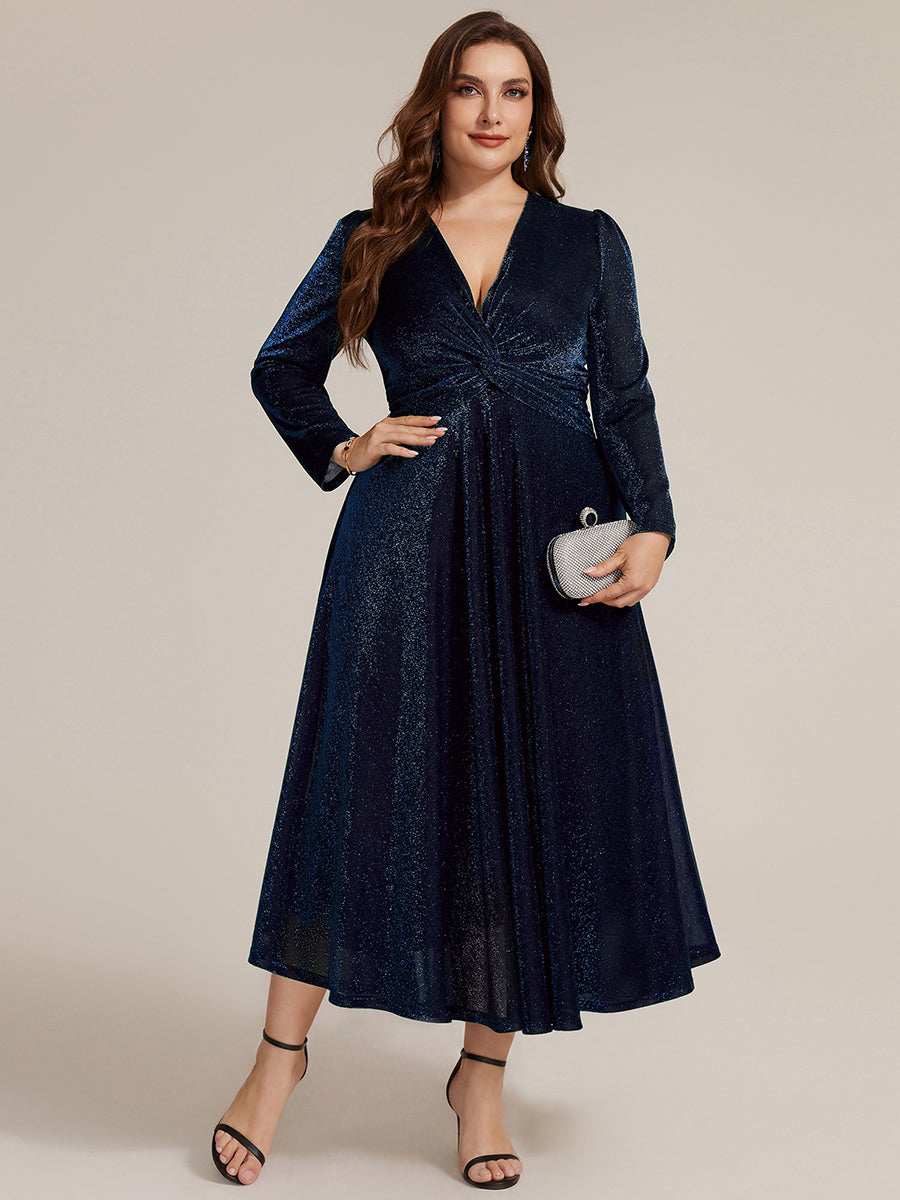Robe longueur th¨¦ ¨¤ manches longues col crois¨¦ tr¨¨s extensible avec fermeture ¨¦clair au dos et d¨¦tail de n?ud #Couleur_Bleu Marine