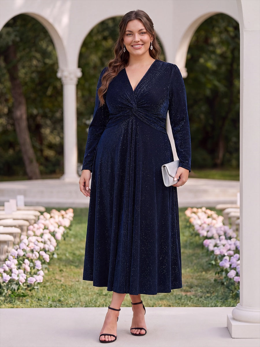 Robe longueur th¨¦ ¨¤ manches longues col crois¨¦ tr¨¨s extensible avec fermeture ¨¦clair au dos et d¨¦tail de n?ud #Couleur_Bleu Marine