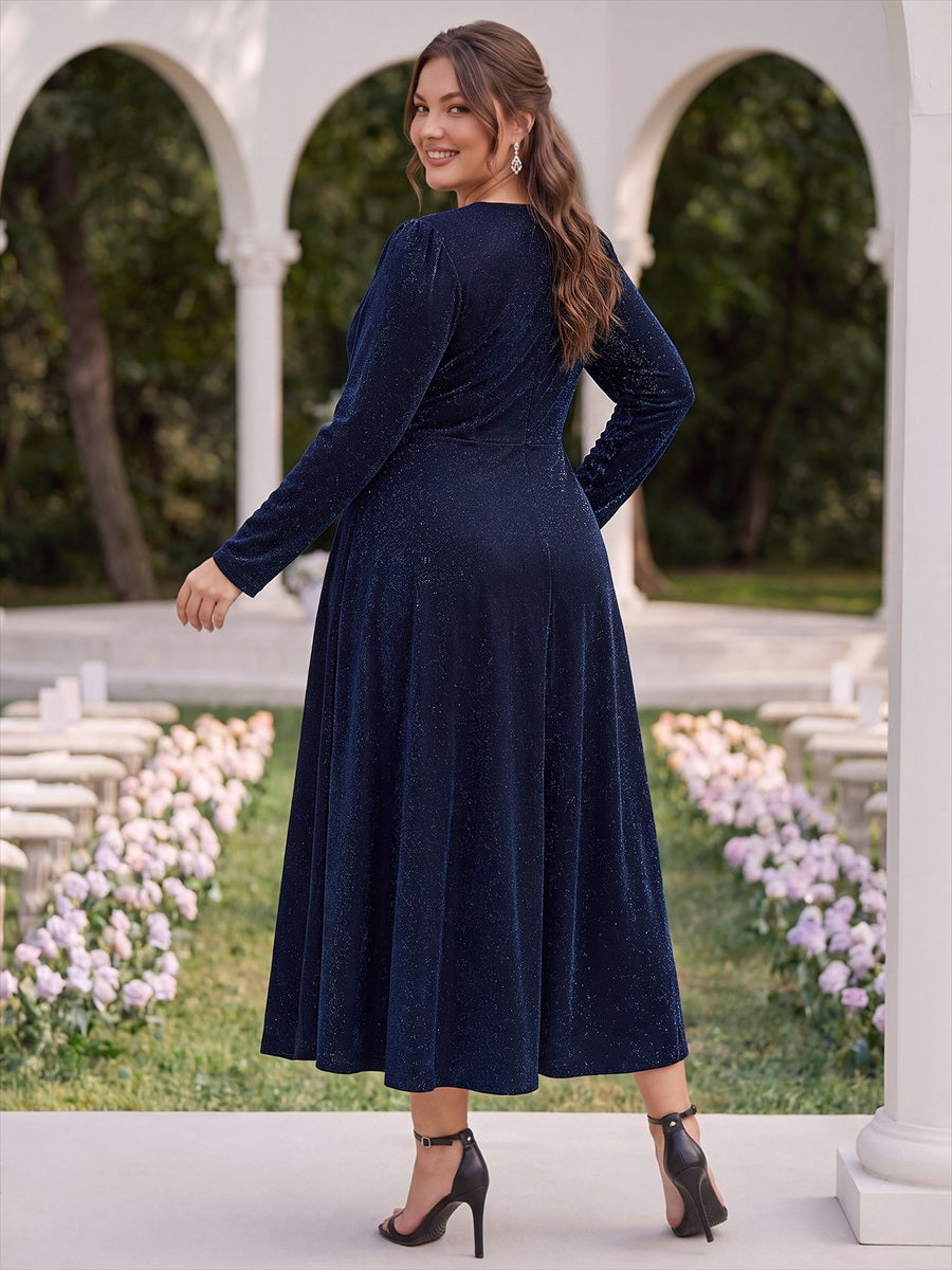 Robe longueur th¨¦ ¨¤ manches longues col crois¨¦ tr¨¨s extensible avec fermeture ¨¦clair au dos et d¨¦tail de n?ud #Couleur_Bleu Marine