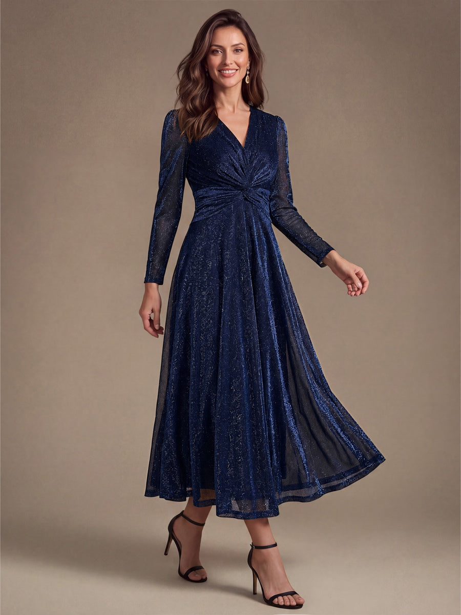 Robe longueur th¨¦ ¨¤ manches longues col crois¨¦ tr¨¨s extensible avec fermeture ¨¦clair au dos et d¨¦tail de n?ud #Couleur_Bleu Marine