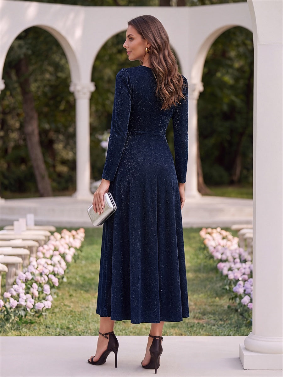Robe longueur th¨¦ ¨¤ manches longues col crois¨¦ tr¨¨s extensible avec fermeture ¨¦clair au dos et d¨¦tail de n?ud #Couleur_Bleu Marine
