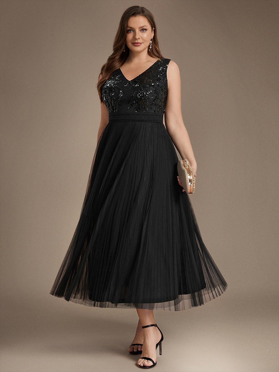 Robe A-Line sans manches en sequins avec décolleté en V et fermeture éclair au dos #Couleur_Noir