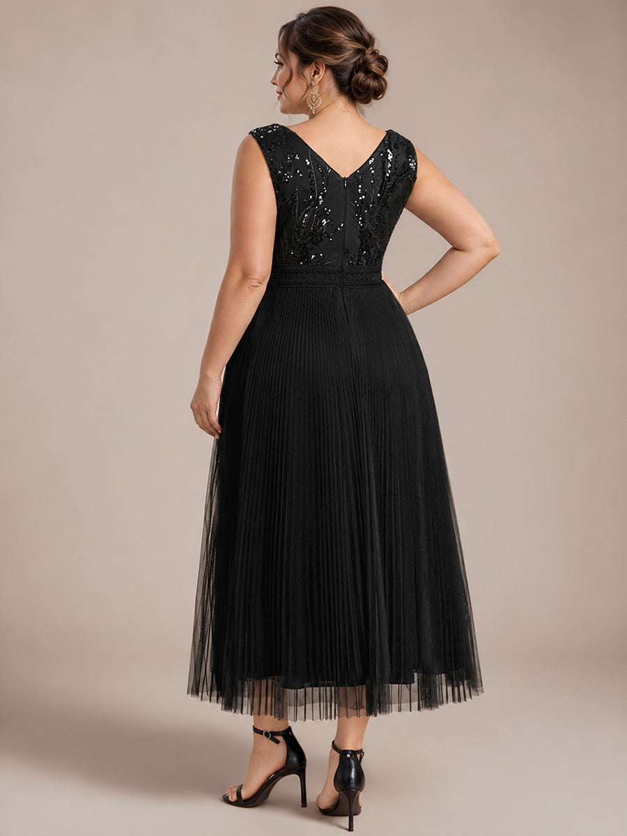 Robe A-Line sans manches en sequins avec décolleté en V et fermeture éclair au dos #Couleur_Noir