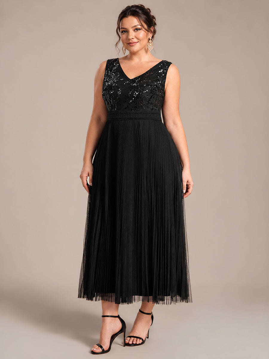 Robe A-Line sans manches en sequins avec décolleté en V et fermeture éclair au dos #Couleur_Noir