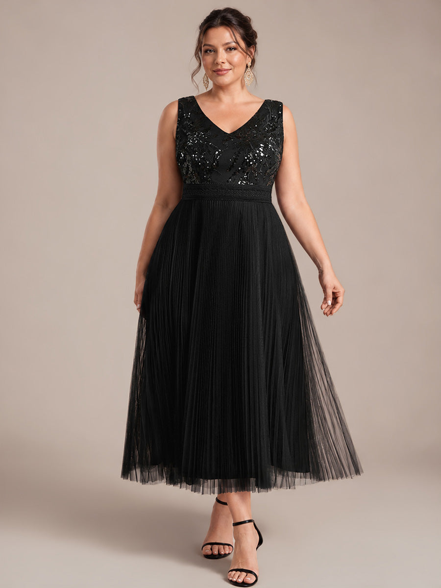 Robe A-Line sans manches en sequins avec décolleté en V et fermeture éclair au dos #Couleur_Noir