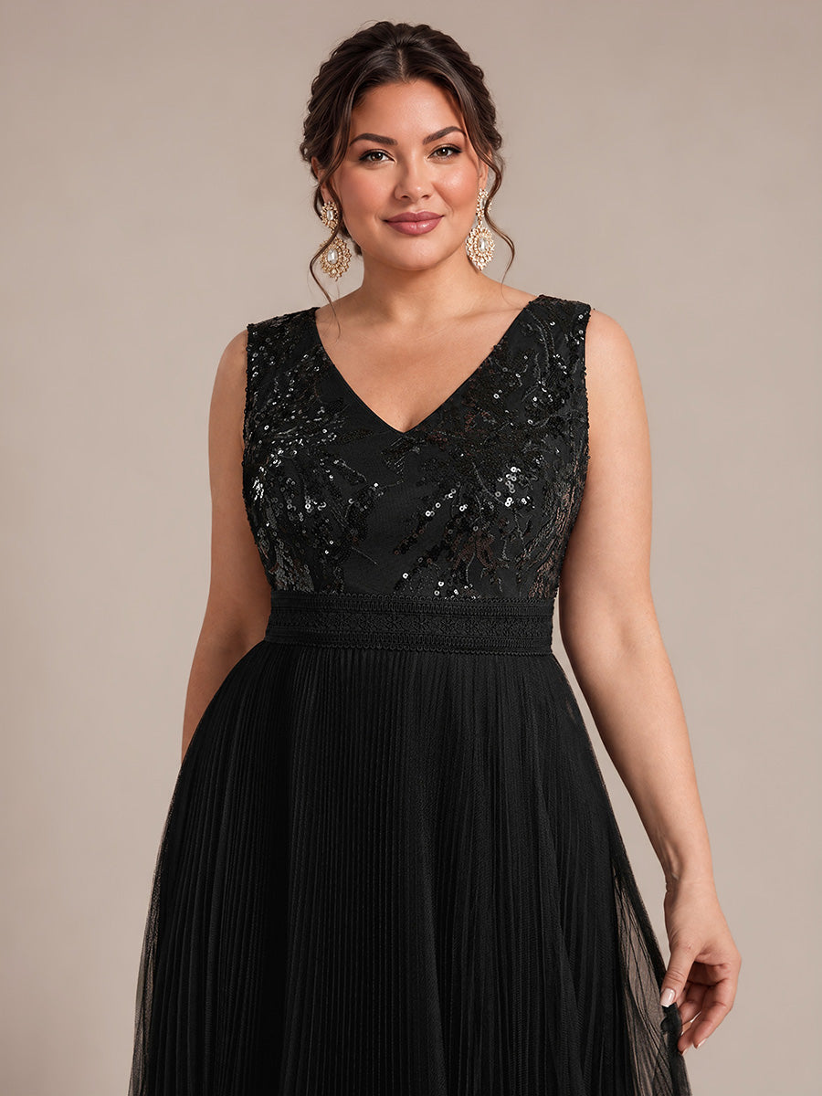 Robe A-Line sans manches en sequins avec décolleté en V et fermeture éclair au dos #Couleur_Noir