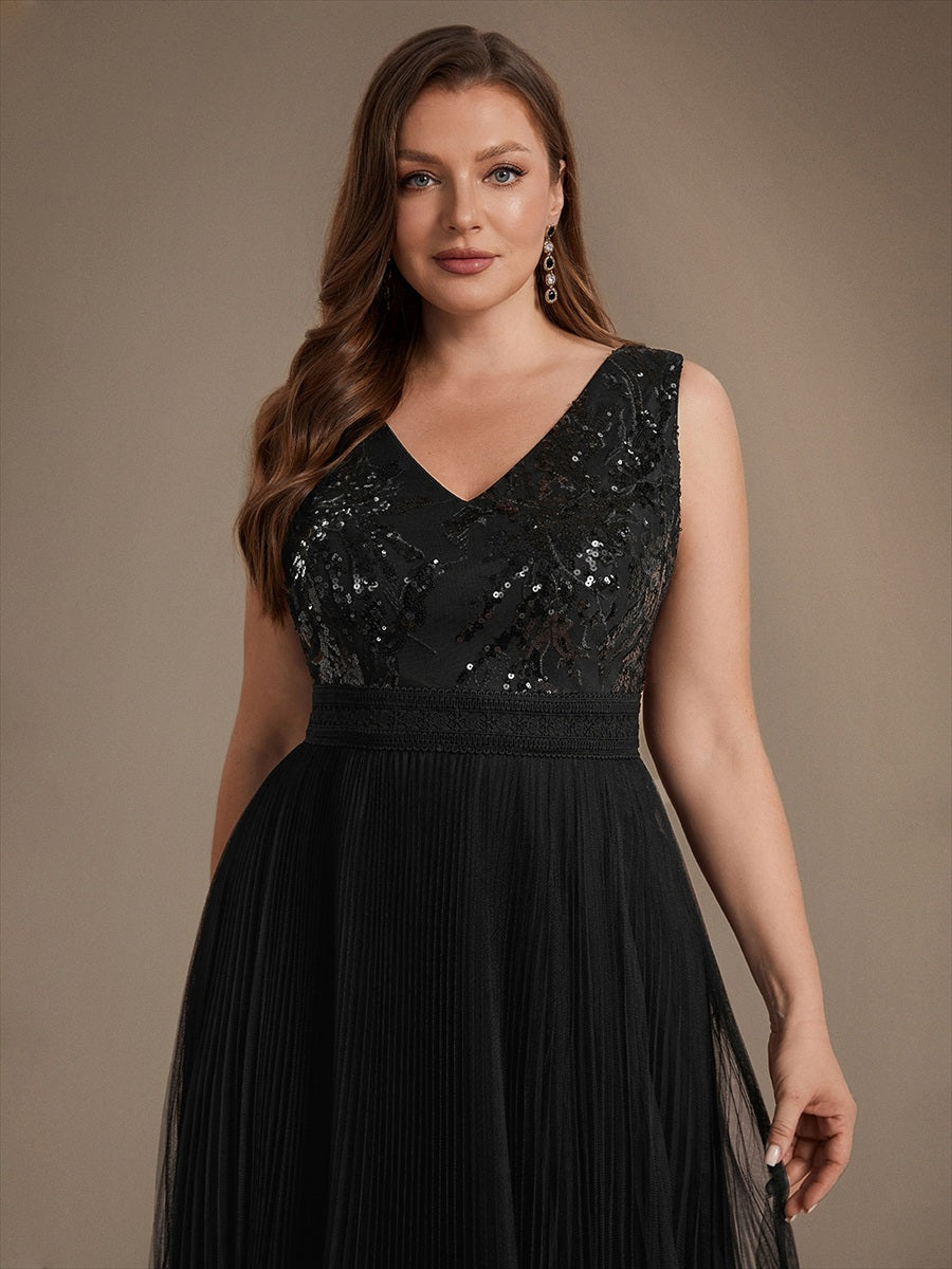 Robe A-Line sans manches en sequins avec décolleté en V et fermeture éclair au dos #Couleur_Noir