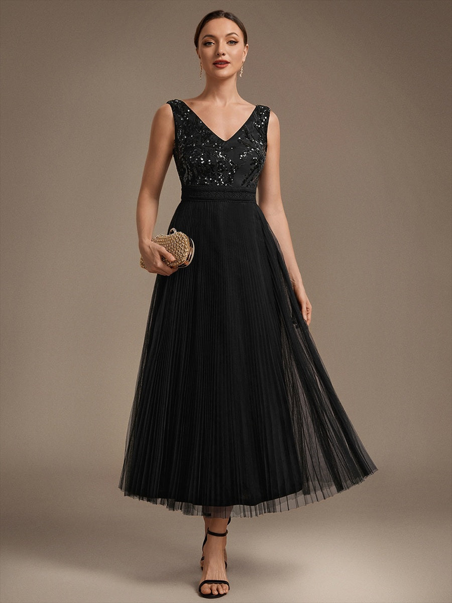 Robe A-Line sans manches en sequins avec décolleté en V et fermeture éclair au dos #Couleur_Noir