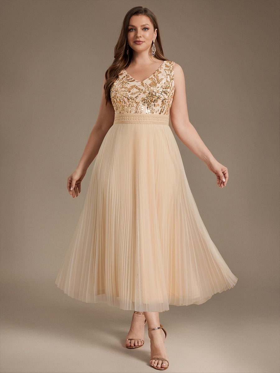 Robe A-Line sans manches en sequins avec décolleté en V et fermeture éclair au dos #Couleur_Dorée