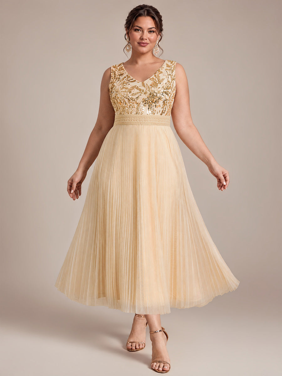 Robe A-Line sans manches en sequins avec décolleté en V et fermeture éclair au dos #Couleur_Dorée