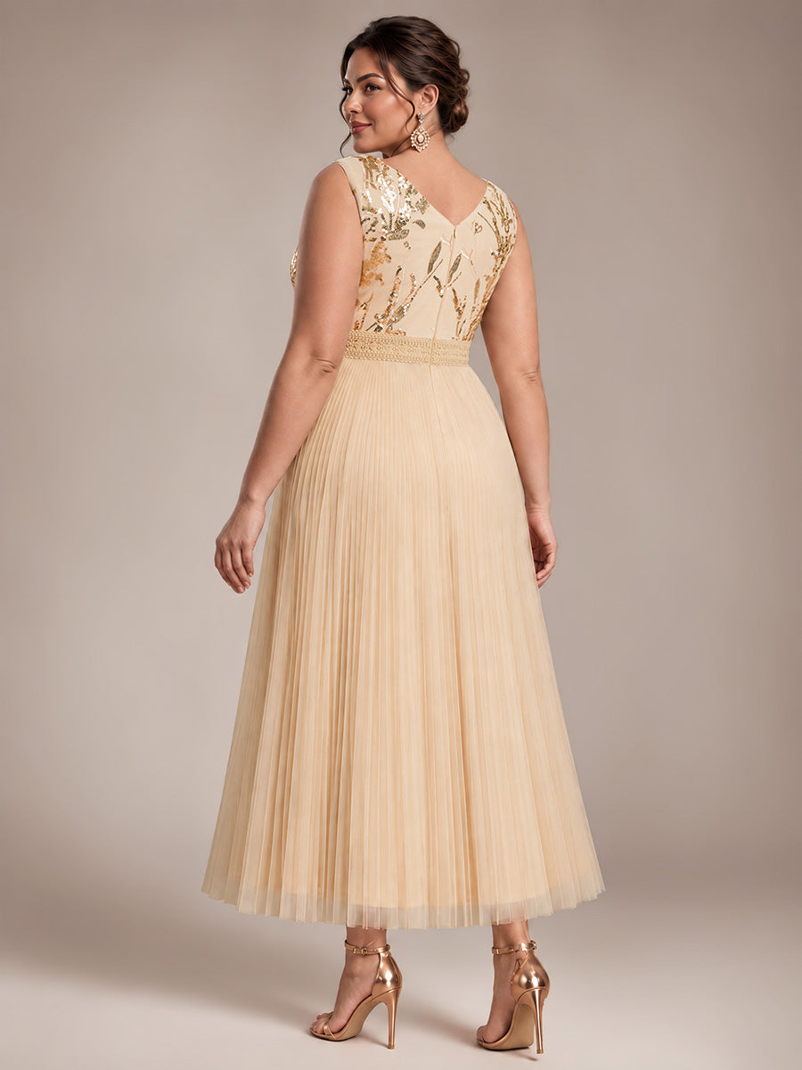 Robe A-Line sans manches en sequins avec décolleté en V et fermeture éclair au dos #Couleur_Dorée
