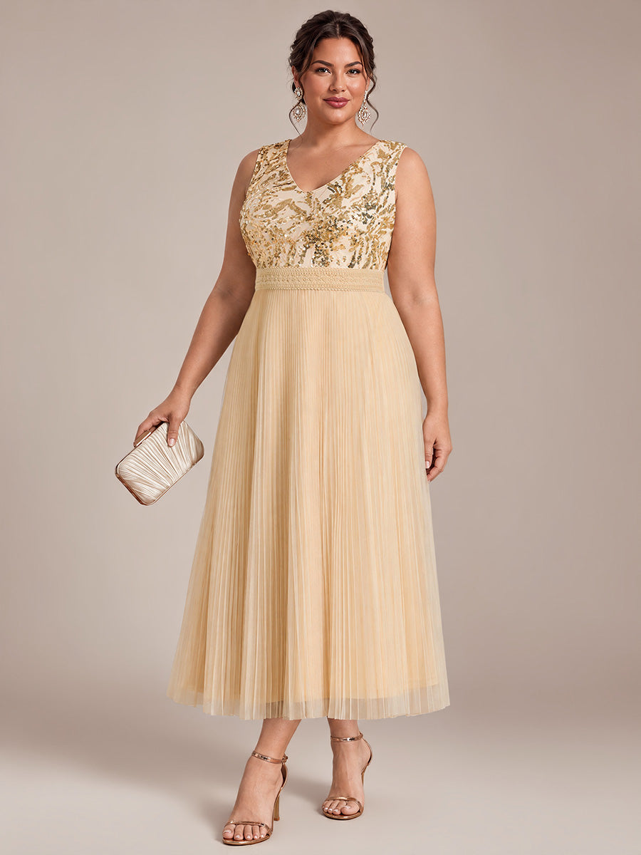 Robe A-Line sans manches en sequins avec décolleté en V et fermeture éclair au dos #Couleur_Dorée