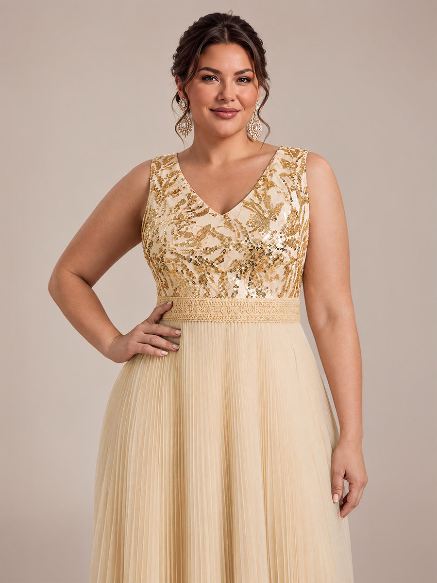 Robe A-Line sans manches en sequins avec décolleté en V et fermeture éclair au dos #Couleur_Dorée