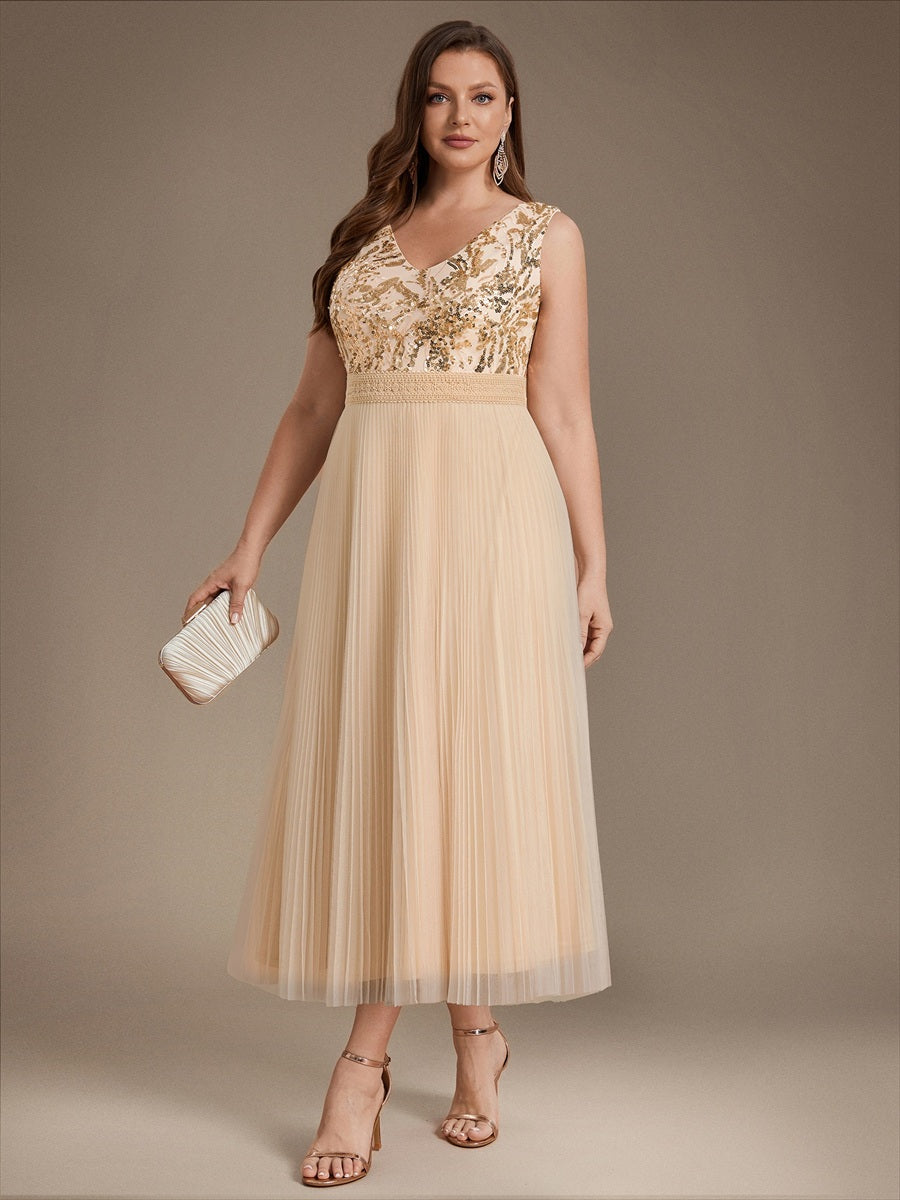Robe A-Line sans manches en sequins avec décolleté en V et fermeture éclair au dos #Couleur_Dorée