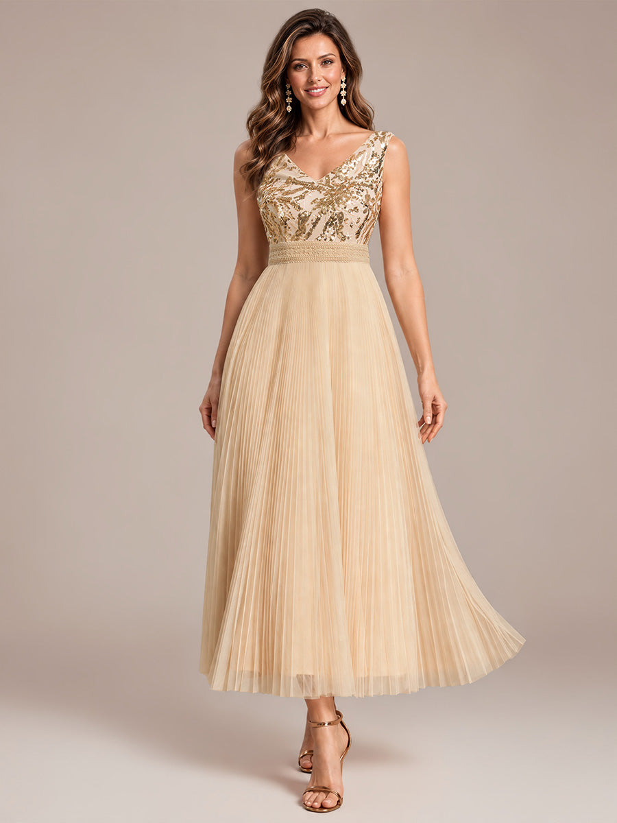 Robe A-Line sans manches en sequins avec décolleté en V et fermeture éclair au dos #Couleur_Dorée