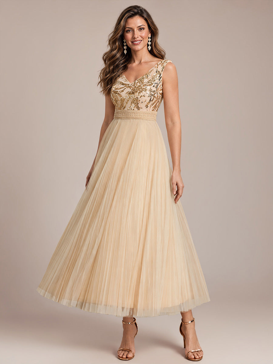 Robe A-Line sans manches en sequins avec décolleté en V et fermeture éclair au dos #Couleur_Dorée