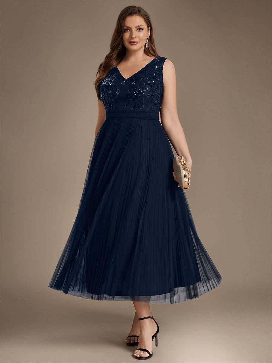 Robe A-Line sans manches en sequins avec décolleté en V et fermeture éclair au dos #Couleur_Bleu Marine