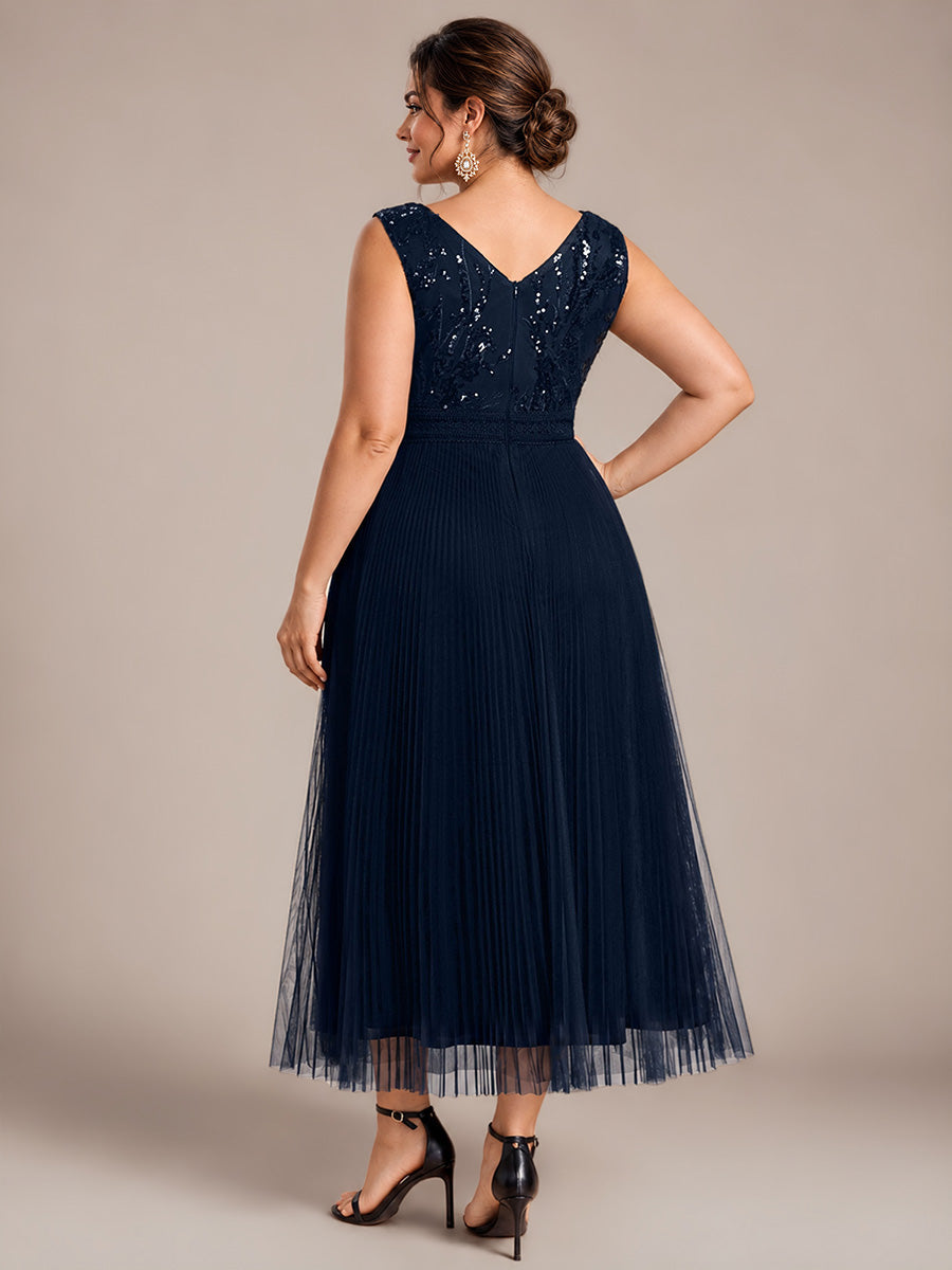 Robe A-Line sans manches en sequins avec décolleté en V et fermeture éclair au dos #Couleur_Bleu Marine