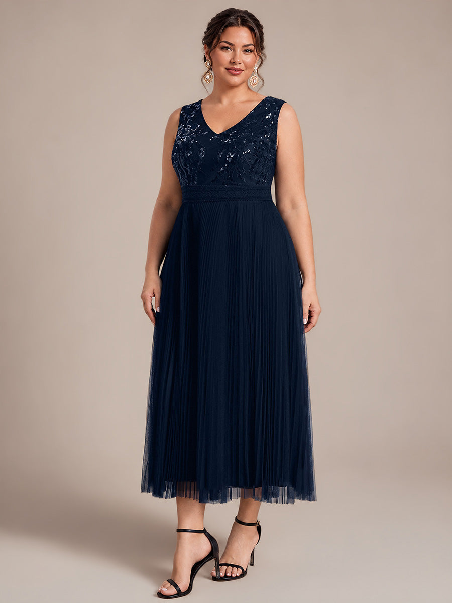 Robe A-Line sans manches en sequins avec décolleté en V et fermeture éclair au dos #Couleur_Bleu Marine