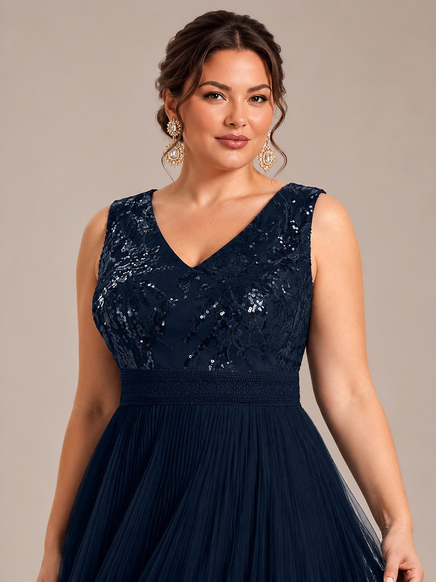 Robe A-Line sans manches en sequins avec décolleté en V et fermeture éclair au dos #Couleur_Bleu Marine