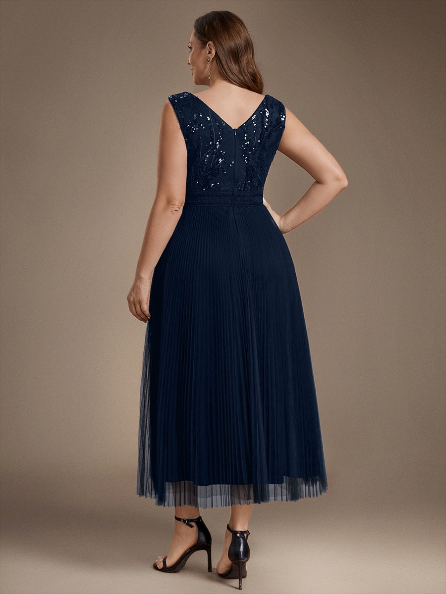 Robe A-Line sans manches en sequins avec décolleté en V et fermeture éclair au dos #Couleur_Bleu Marine
