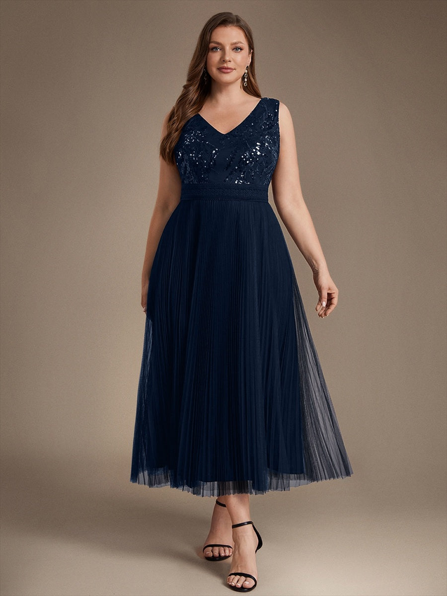 Robe A-Line sans manches en sequins avec décolleté en V et fermeture éclair au dos #Couleur_Bleu Marine