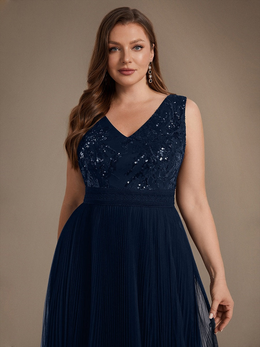 Robe A-Line sans manches en sequins avec décolleté en V et fermeture éclair au dos #Couleur_Bleu Marine