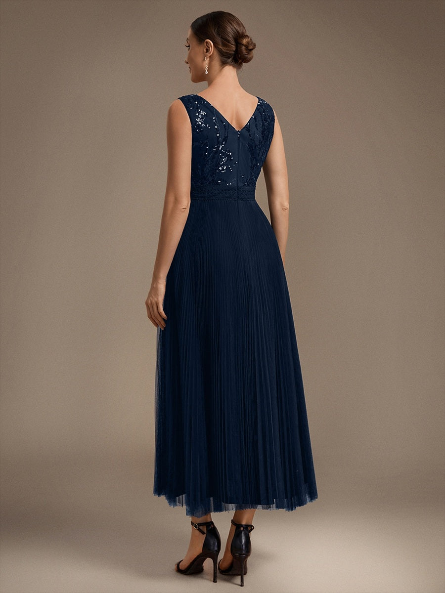 Robe A-Line sans manches en sequins avec décolleté en V et fermeture éclair au dos #Couleur_Bleu Marine