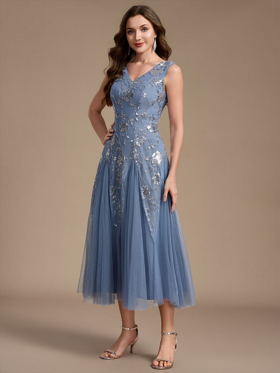 Sequins Col V Sans manches,. Non extensible robe mariage invitée #Couleur_Marine Fume