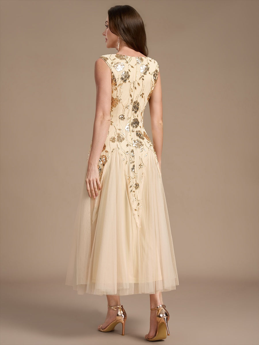 Sequins Col V Sans manches,. Non extensible robe mariage invitée #Couleur_Dorée