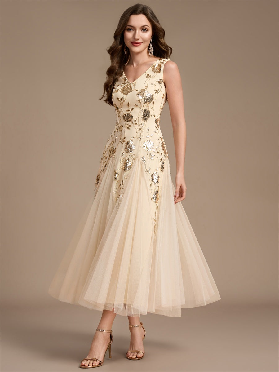 Sequins Col V Sans manches,. Non extensible robe mariage invitée #Couleur_Dorée