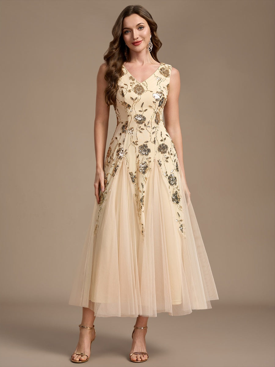 Sequins Col V Sans manches,. Non extensible robe mariage invitée #Couleur_Dorée