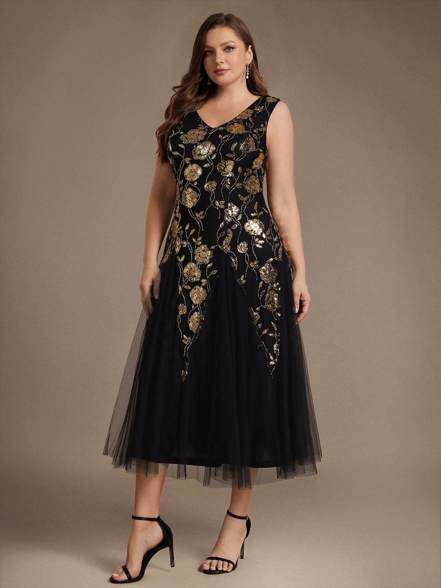 Sequins Col V Sans manches,. Non extensible robe mariage invitée #Couleur_Noir & Or