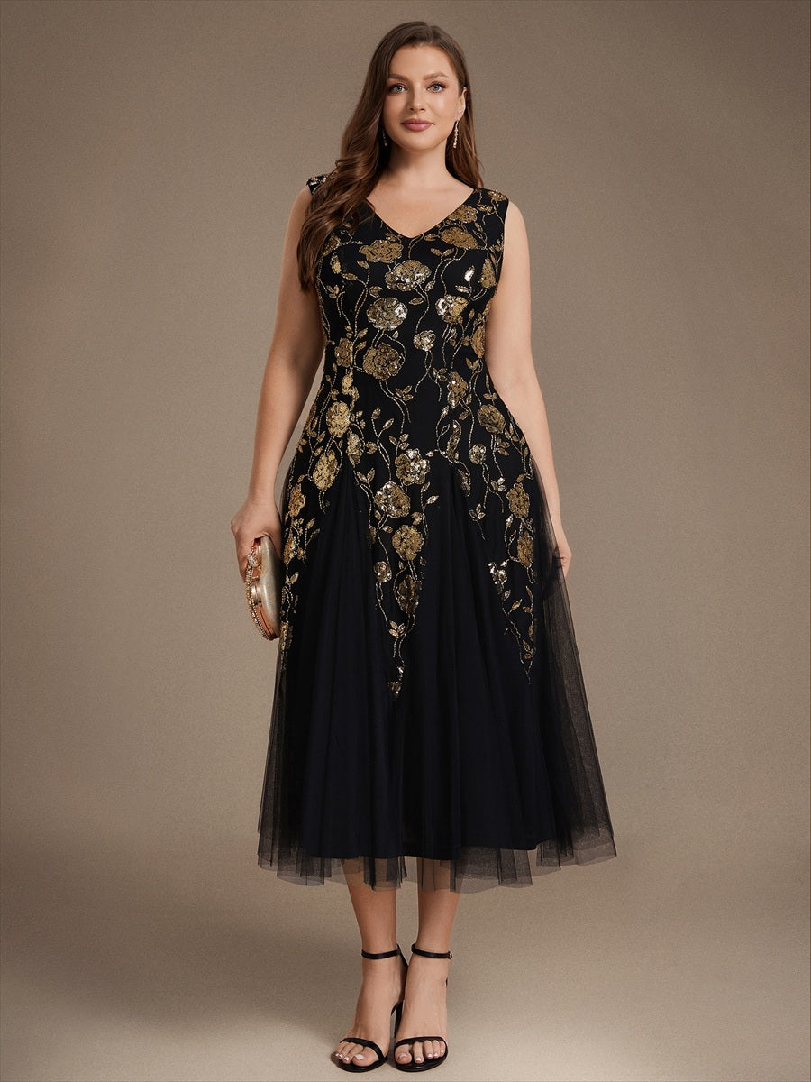 Sequins Col V Sans manches,. Non extensible robe mariage invitée #Couleur_Noir & Or