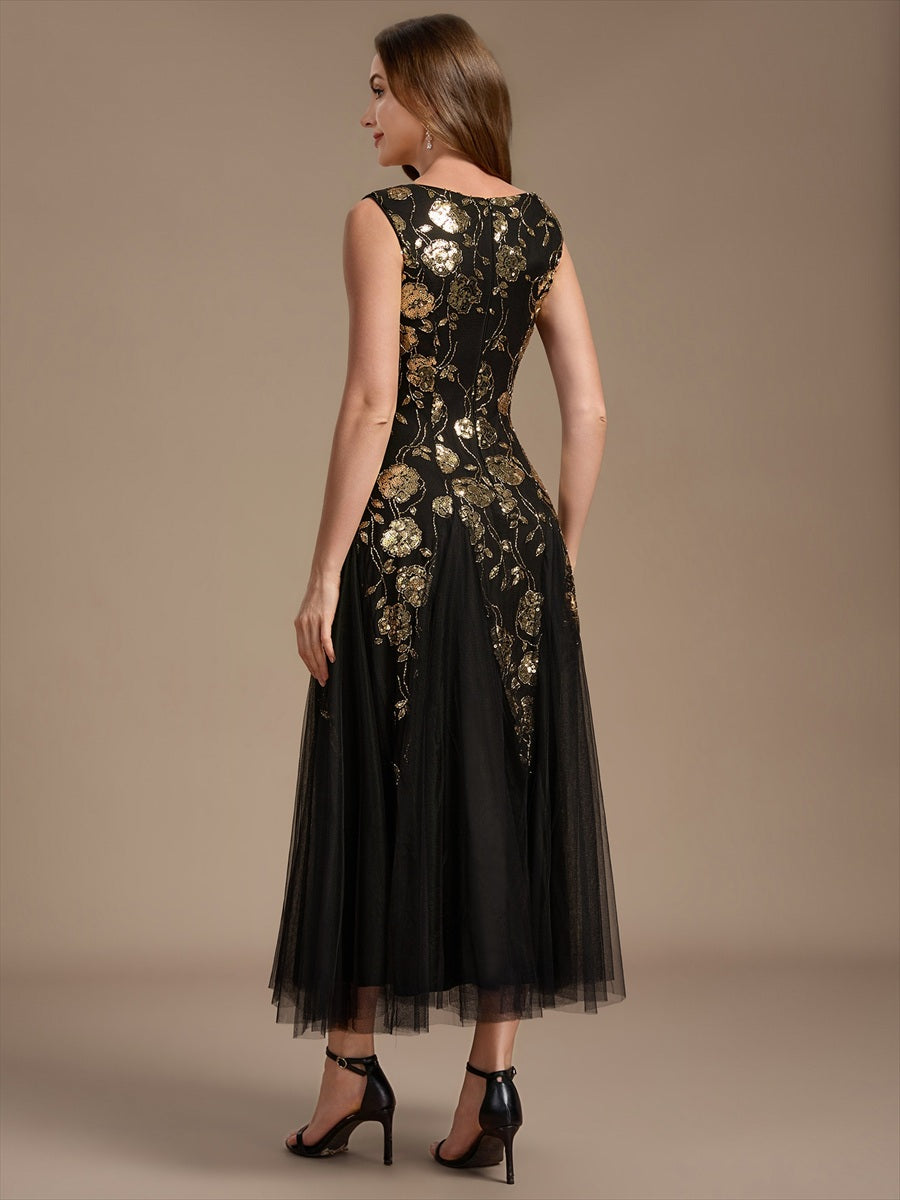Sequins Col V Sans manches,. Non extensible robe mariage invitée #Couleur_Noir & Or