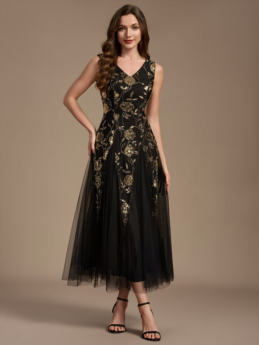 Sequins Col V Sans manches,. Non extensible robe mariage invitée #Couleur_Noir & Or