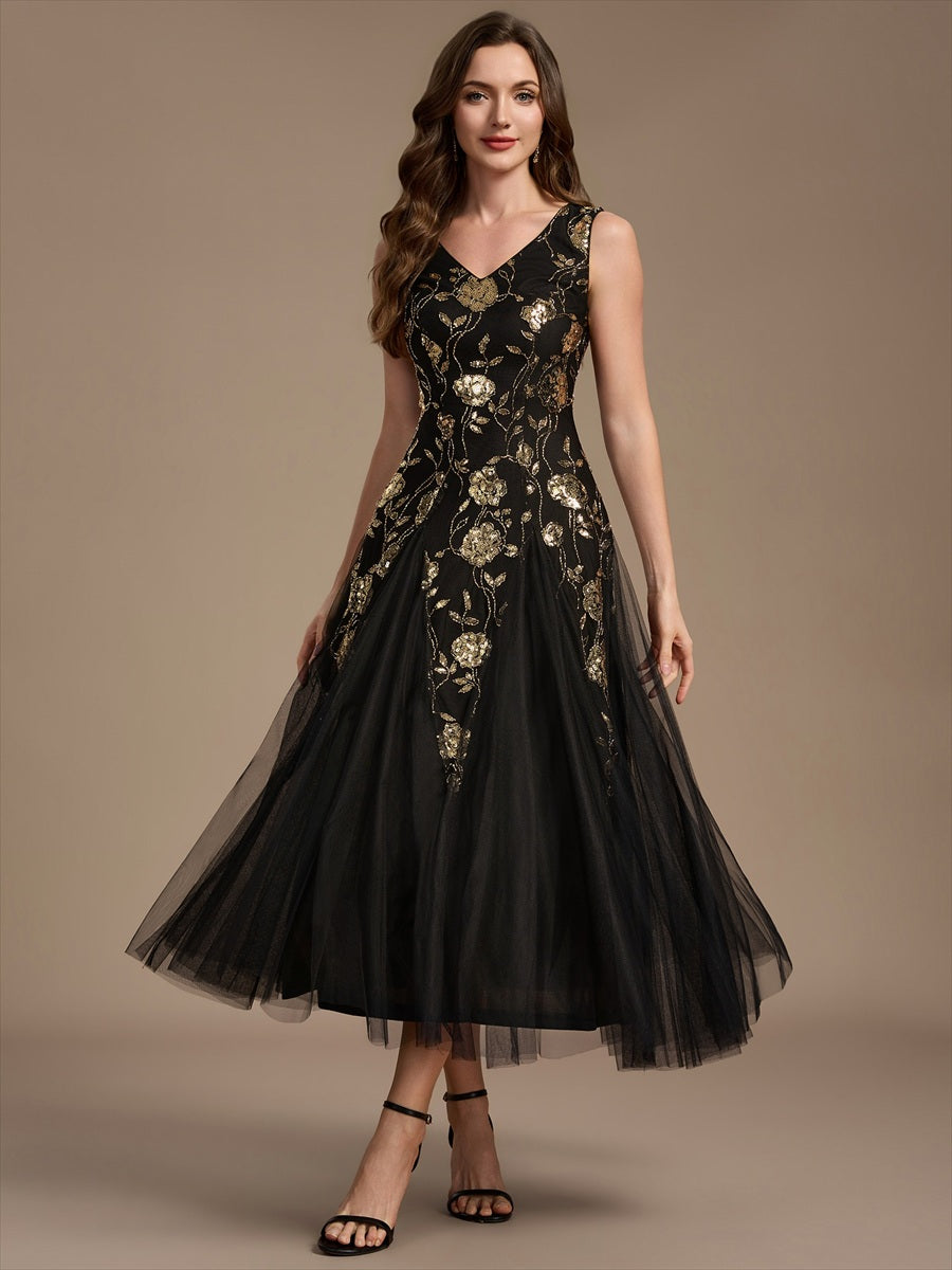 Sequins Col V Sans manches,. Non extensible robe mariage invitée #Couleur_Noir & Or