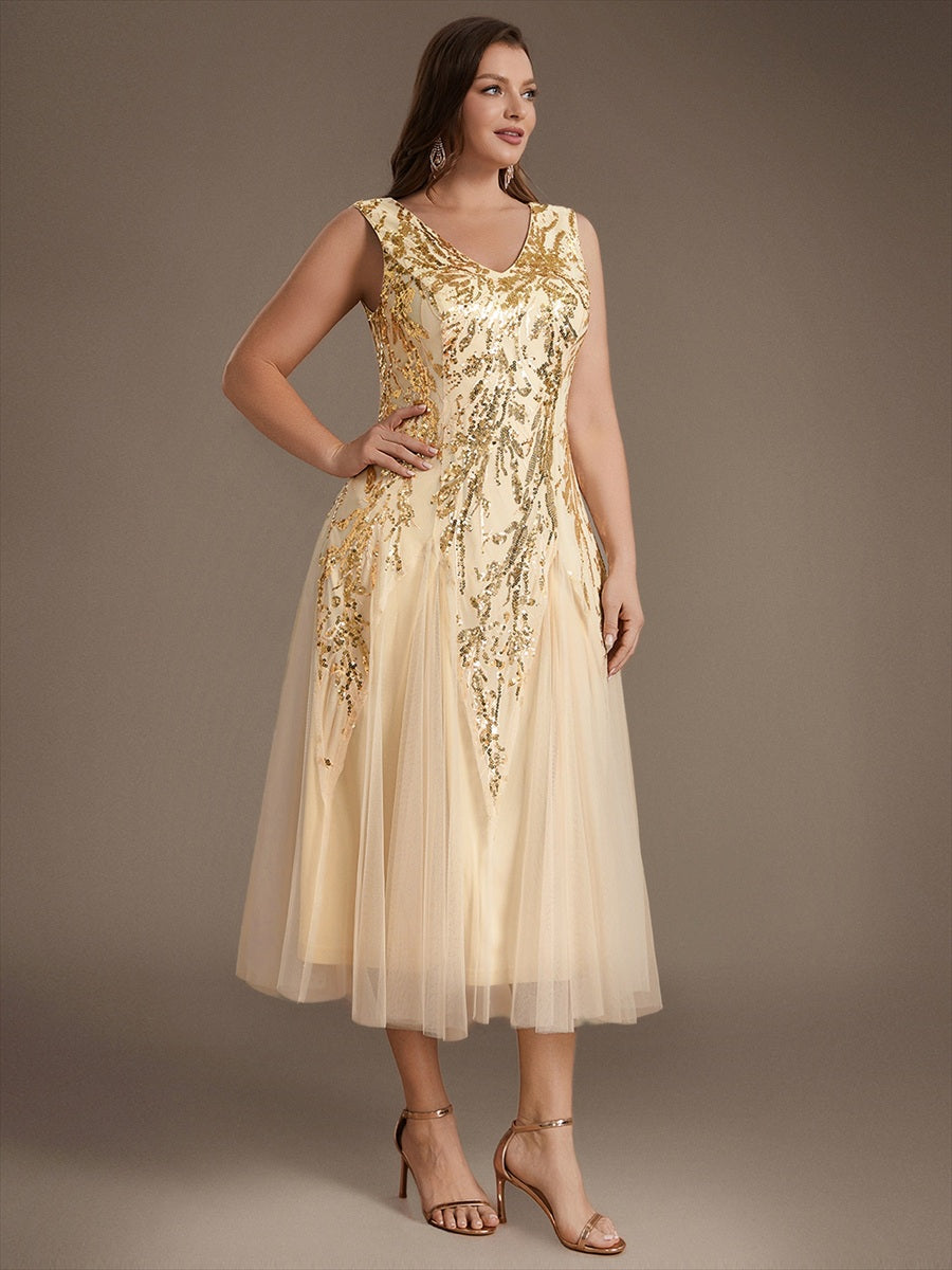 Sequins avec Col V, Coupe trapèze, Sans manches et robe mariage invitée #Couleur_Dorée