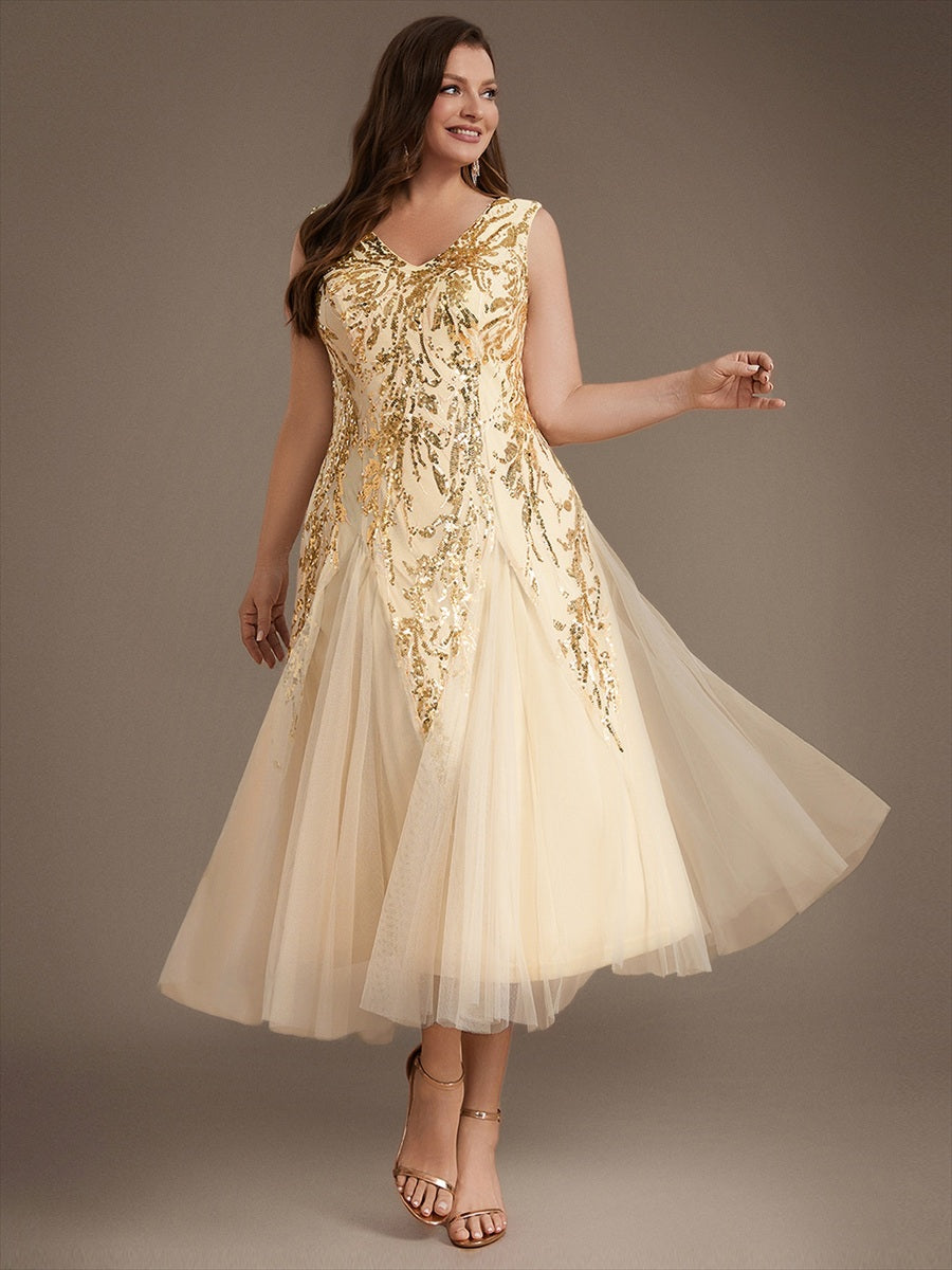 Sequins avec Col V, Coupe trapèze, Sans manches et robe mariage invitée #Couleur_Dorée